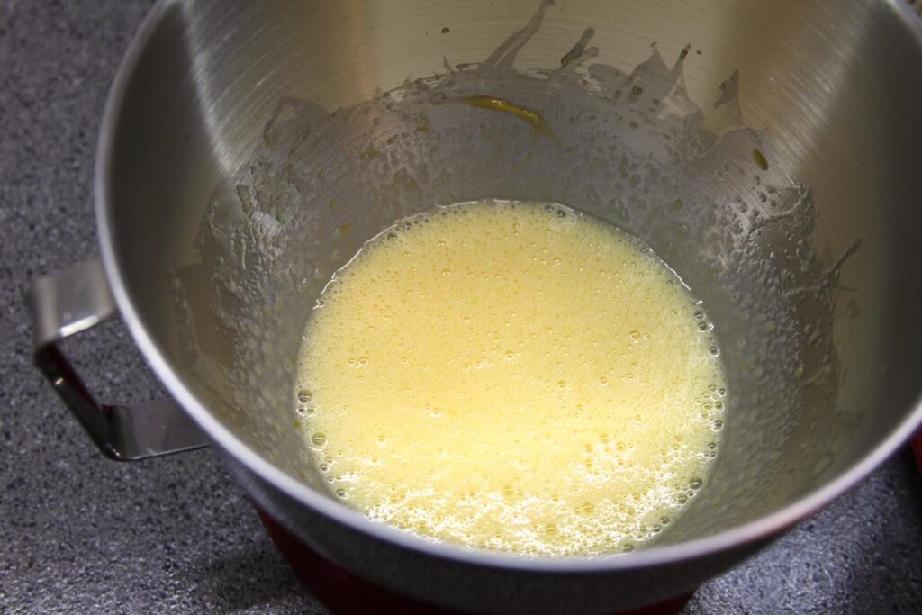 eggs and sugar whisked until just combined. They are light yellow.